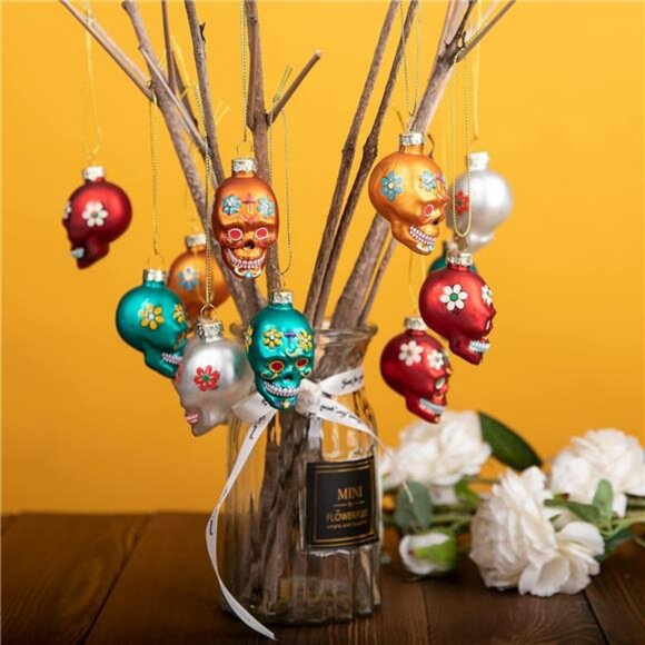 12pcs Day of the Dead Glass Ornaments Sugar Skull Halloween Christmas Tree Decor - Picture 6 of 7
